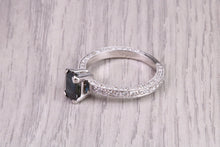 Load image into Gallery viewer, Two carat Rectangle Emerald cut Blue Sapphire and Diamonds set 18ct White Gold Ring, Diamond Encrusted Shank