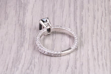 Load image into Gallery viewer, Two carat Rectangle Emerald cut Blue Sapphire and Diamonds set 18ct White Gold Ring, Diamond Encrusted Shank