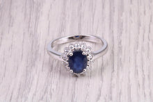 Load image into Gallery viewer, Natural 1.45ct Oval cut Royal Blue Sapphire and 0.25ct Top Graded Natural Round Diamonds set 18ct White Gold Ring, British Hallmarked