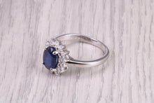 Load image into Gallery viewer, Natural 1.45ct Oval cut Royal Blue Sapphire and 0.25ct Top Graded Natural Round Diamonds set 18ct White Gold Ring, British Hallmarked