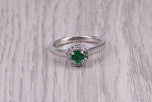 Load image into Gallery viewer, Dainty Bottle Green Emerald and Diamond Halo set White Gold Ring