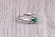 Load image into Gallery viewer, Dainty Bottle Green Emerald and Diamond Halo set White Gold Ring