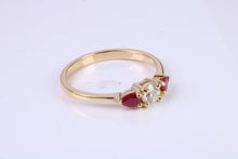 Load image into Gallery viewer, Round Diamond and Teardrop cut Ruby Trilogy Ring, Made From 18ct Yellow Gold