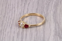 Load image into Gallery viewer, Round Diamond and Teardrop cut Ruby Trilogy Ring, Made From 18ct Yellow Gold