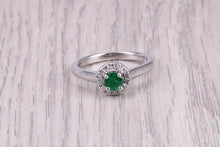 Load image into Gallery viewer, Dainty Bottle Green Emerald and Diamond Halo set White Gold Ring