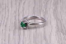 Load image into Gallery viewer, Dainty Bottle Green Emerald and Diamond Halo set White Gold Ring
