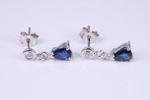 Very Dressy Natural Royal Blue Sapphire and Diamond set Platinum Dropper Earrings, British Hallmarked
