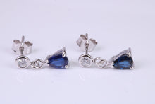 Load image into Gallery viewer, Very Dressy Natural Royal Blue Sapphire and Diamond set Platinum Dropper Earrings, British Hallmarked