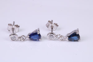 Very Dressy Natural Royal Blue Sapphire and Diamond set Platinum Dropper Earrings, British Hallmarked
