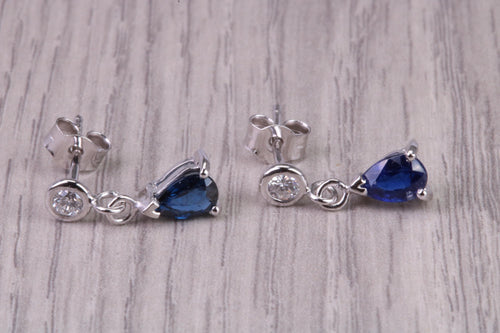 Very Dressy Natural Royal Blue Sapphire and Diamond set Platinum Dropper Earrings, British Hallmarked