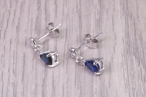 Very Dressy Natural Royal Blue Sapphire and Diamond set Platinum Dropper Earrings, British Hallmarked