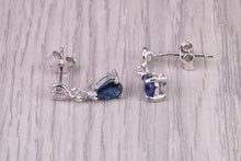 Load image into Gallery viewer, Very Dressy Natural Royal Blue Sapphire and Diamond set Platinum Dropper Earrings, British Hallmarked