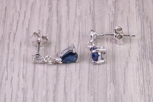 Very Dressy Natural Royal Blue Sapphire and Diamond set Platinum Dropper Earrings, British Hallmarked
