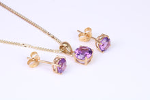 Load image into Gallery viewer, Round Amethyst Necklace with Matching Stud Earrings Set in Yellow Gold