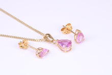Load image into Gallery viewer, Tear Drop cut Pink Sapphire Earrings and Matching Necklace set in Yellow Gold