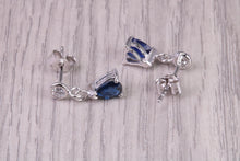 Load image into Gallery viewer, Very Dressy Natural Royal Blue Sapphire and Diamond set Platinum Dropper Earrings, British Hallmarked