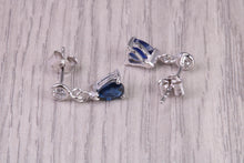 Load image into Gallery viewer, Very Dressy Natural Royal Blue Sapphire and Diamond set Platinum Dropper Earrings, British Hallmarked