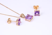 Load image into Gallery viewer, Square cut Amethyst Matching Earrings and Necklace set in Yellow Gold