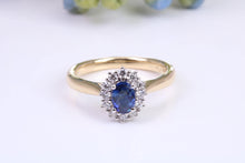 Load image into Gallery viewer, Beautiful Blue Sapphire and Diamond Halo set 18ct Yellow Ring, British Hallmarked