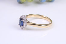 Load image into Gallery viewer, Beautiful Blue Sapphire and Diamond Halo set 18ct Yellow Ring, British Hallmarked