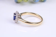 Load image into Gallery viewer, Beautiful Blue Sapphire and Diamond Halo set 18ct Yellow Ring, British Hallmarked