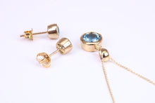 Load image into Gallery viewer, Round cut Blue Topaz Matching Earrings and Necklace set in Yellow Gold