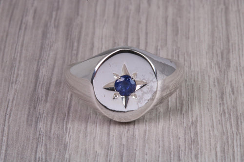 Sapphire set Chunky Oval Faced Signet Ring in Solid Cast Silver