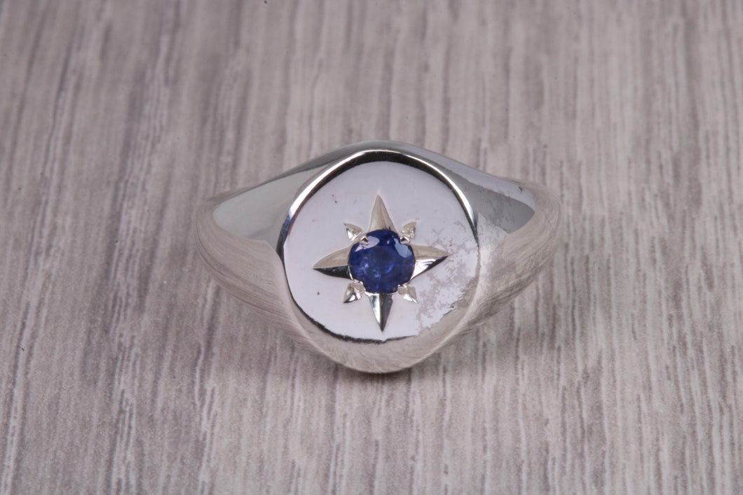 Sapphire set Chunky Oval Faced Signet Ring in Solid Cast Silver