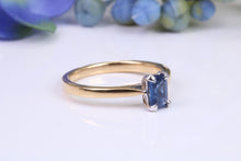 Load image into Gallery viewer, Dainty 0.62 carat Rectangle Emerald cut Blue Sapphire Solitaire, made from 8ct Yellow Gold and complimented with a Platinum setting