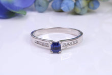 Load image into Gallery viewer, Blue Sapphire and Diamond set Platinum Ring, Square cut Sapphire with Square cut Diamonds