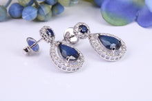 Load image into Gallery viewer, Pear Drop cut Blue Sapphire and Diamond set White Gold Dropper Earrings, Very Dressy