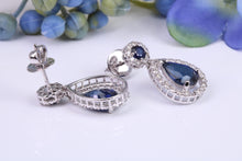 Load image into Gallery viewer, Pear Drop cut Blue Sapphire and Diamond set White Gold Dropper Earrings, Very Dressy