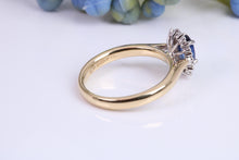 Load image into Gallery viewer, Beautiful Blue Sapphire and Diamond Halo set 18ct Yellow Ring, British Hallmarked