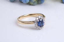 Load image into Gallery viewer, Beautiful Blue Sapphire and Diamond Halo set 18ct Yellow Ring, British Hallmarked