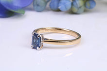 Load image into Gallery viewer, Dainty 0.62 carat Rectangle Emerald cut Blue Sapphire Solitaire, made from 8ct Yellow Gold and complimented with a Platinum setting