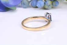 Load image into Gallery viewer, Dainty 0.62 carat Rectangle Emerald cut Blue Sapphire Solitaire, made from 8ct Yellow Gold and complimented with a Platinum setting