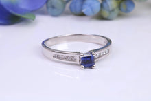Load image into Gallery viewer, Blue Sapphire and Diamond set Platinum Ring, Square cut Sapphire with Square cut Diamonds