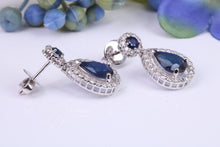 Load image into Gallery viewer, Pear Drop cut Blue Sapphire and Diamond set White Gold Dropper Earrings, Very Dressy