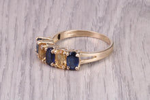 Load image into Gallery viewer, Royal Blue Sapphire and Citrine set Five stone Ring, Made From Yellow Gold, British Hallmarked, Not very often seen combination of Gemstones