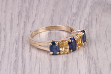 Load image into Gallery viewer, Royal Blue Sapphire and Citrine set Five stone Ring, Made From Yellow Gold, British Hallmarked, Not very often seen combination of Gemstones