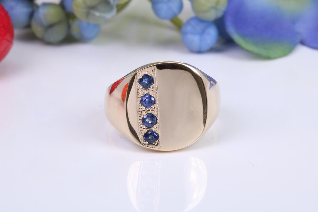 Four Natural Blue Sapphire set Yellow Gold Signet Ring, Made From Solid Cast Yellow Gold, British Hallmarked