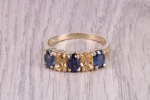 Load image into Gallery viewer, Royal Blue Sapphire and Citrine set Five stone Ring, Made From Yellow Gold, British Hallmarked, Not very often seen combination of Gemstones