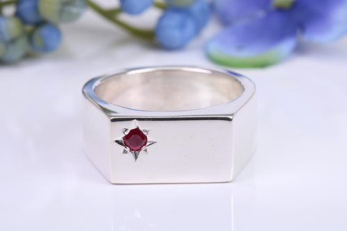 Very Large and Chunky Ruby set Signet Ring, Made From Completely Solid Cast Silver, British Hallmarked