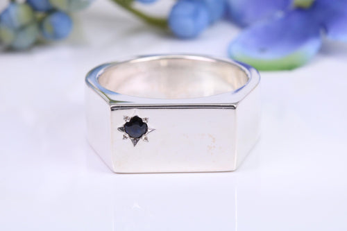 Very Large and Chunky Sapphire set Signet Ring, Made From Completely Solid Cast Silver, British Hallmarked