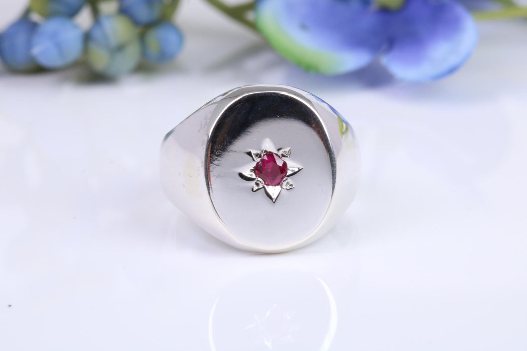 Ruby set Chunky Oval Faced Signet Ring in solid cast Silver, British Hallmarked