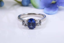 Load image into Gallery viewer, Blue and White Sapphire Platinum Trilogy Ring, One carat Natural Sapphire and 0.60ct White Sapphire, British Hallmarked