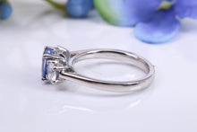 Load image into Gallery viewer, Blue and White Sapphire Platinum Trilogy Ring, One carat Natural Sapphire and 0.60ct White Sapphire, British Hallmarked