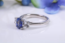 Load image into Gallery viewer, Blue and White Sapphire Platinum Trilogy Ring, One carat Natural Sapphire and 0.60ct White Sapphire, British Hallmarked