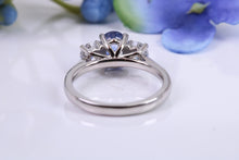 Load image into Gallery viewer, Blue and White Sapphire Platinum Trilogy Ring, One carat Natural Sapphire and 0.60ct White Sapphire, British Hallmarked