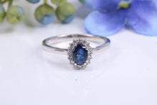 Load image into Gallery viewer, Beautiful Blue Sapphire and Diamond Halo set Ring